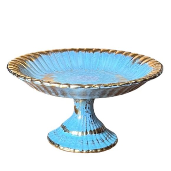 Vintage 1960s Stangl PotteryTrenton NJ Blue & Gold Fluted Pedestal Dish 6.5 x 4 - Picture 6 of 6